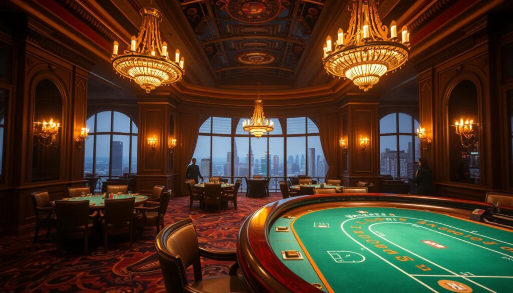 A luxurious casino interior, dimly lit with warm, soft lighting. In the foreground, a baccarat table with green felt and gleaming brass accents, surrounded by leather-bound chairs. The middle ground features a grand, ornate chandelier casting a subtle glow, complemented by decorative wall moldings and plush carpeting. In the background, a panoramic view of the city skyline through tall, arched windows, hinting at the exclusivity and sophistication of this high-end gaming platform. The overall atmosphere evokes a sense of refined elegance and refined leisure.