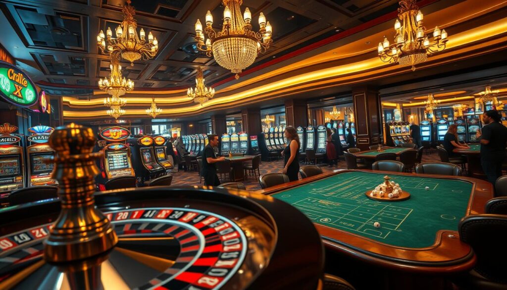 A luxurious casino interior, the air thick with anticipation. In the foreground, a roulette table spins hypnotically, the gleam of polished wood and felt inviting players to try their luck. In the middle ground, a craps table bustles with activity, dice tumbling across the green felt as onlookers cheer. The background reveals a panoramic view of the gaming floor, dotted with slot machines and blackjack tables, their flashing lights and chimes creating an electric atmosphere. Soft, warm lighting casts a golden glow, while ornate chandeliers and plush furnishings exude an air of sophistication. The scene captures the excitement and allure of the latest casino games, beckoning players to immerse themselves in the thrill of the wager.