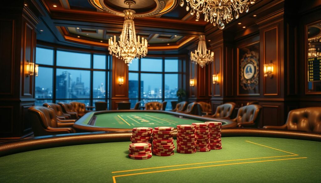 A luxurious casino interior with a baccarat table in the foreground, the green felt surface reflecting the warm overhead lighting. Wooden paneled walls and plush leather chairs set a sophisticated ambiance. Detailed chips in a variety of denominations neatly stacked at the table's edge, inviting the player to place their bets. Crystal chandeliers cast a gentle glow, while large windows offer a glimpse of the city skyline in the background. The scene exudes an air of excitement and anticipation, capturing the essence of the baccarat gaming experience.