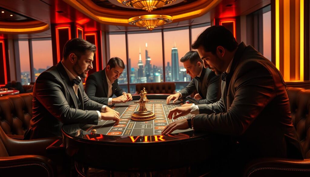 A luxurious casino interior with a captivating focal point - a group of VIP players deeply engaged in an intense game of roulette. The table is bathed in a warm, inviting light, creating an atmosphere of excitement and anticipation. In the background, a panoramic view of the city skyline through large windows, hinting at the high-stakes world of the elite. Plush leather chairs, polished wood accents, and subtle neon highlights evoke a sense of opulence and exclusivity. The players' expressions convey a mix of concentration, competitiveness, and the thrill of the game, capturing the essence of player loyalty and devotion to the casino experience.