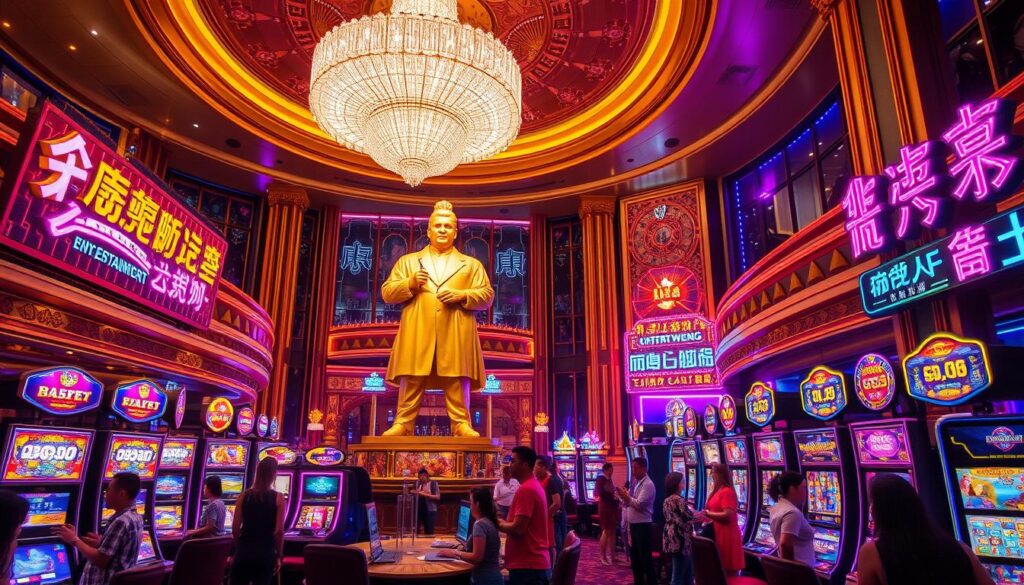 A luxurious casino interior with a grand chandelier illuminating the opulent decor. A large golden statue of a wealthy man stands prominently, surrounded by enticing slot machines and gaming tables. Lively customers immerse themselves in the excitement, their expressions of anticipation and delight. Vibrant neon signs and vibrant colors create an energetic atmosphere, drawing the viewer into the dynamic world of the "Jin Fu Weng Entertainment City" casino and its captivating promotional offers.
