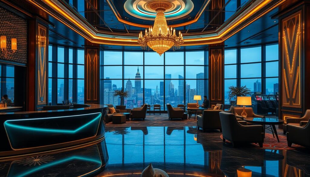 A luxurious casino interior with a sense of exclusivity and privilege. In the foreground, an elegant reception desk with a sleek, modern design. Behind it, a grand chandelier casts a warm, golden glow over the space. In the middle ground, plush leather armchairs and sofas invite guests to relax and indulge. The background features floor-to-ceiling windows, offering a panoramic view of a bustling city skyline. The overall atmosphere exudes sophistication, comfort, and the promise of unforgettable gaming experiences tailored to the VIP members of this prestigious entertainment venue.