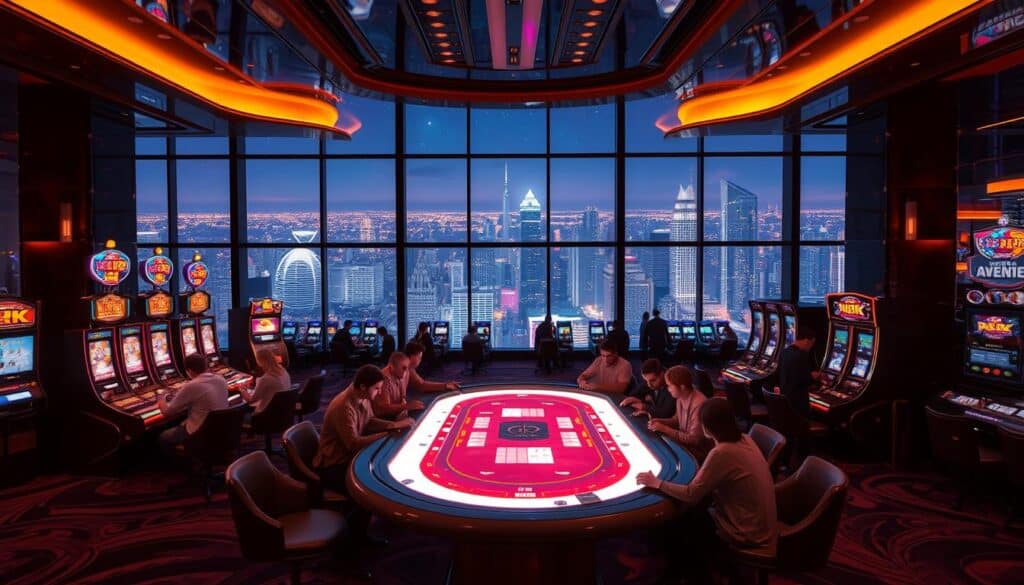 A luxurious casino interior with a sleek, modern design. The foreground features a large, illuminated gaming table with patrons seated around it, engrossed in their games. The middle ground showcases a row of high-end slot machines and electronic gaming terminals, their screens casting a warm glow. In the background, a panoramic window offers a breathtaking view of a bustling city skyline at night, the lights twinkling like stars. The overall atmosphere is one of excitement, exclusivity, and success, reflecting the RK Entertainment City's reputation as a premier destination for thrilling casino experiences.
