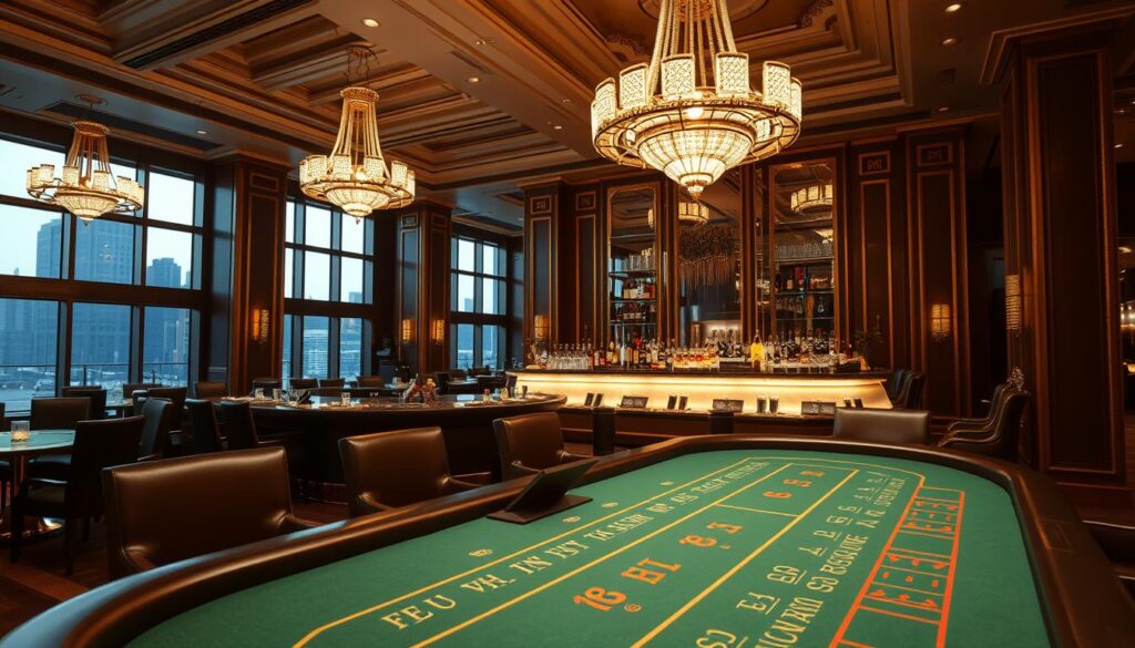 A luxurious casino interior with elegant decor and sophisticated ambiance. The foreground features a baccarat gaming table with a green felt surface, surrounded by plush leather chairs. Dimly lit chandeliers cast a warm glow, creating a sense of exclusivity. In the middle ground, a marble-topped bar with rows of premium liquor bottles and crystal glasses. The background showcases high ceilings adorned with intricate moldings, and large windows offering a glimpse of the bustling city outside. The overall atmosphere evokes a refined, high-stakes experience, setting the stage for an in-depth exploration of the captivating game of baccarat.