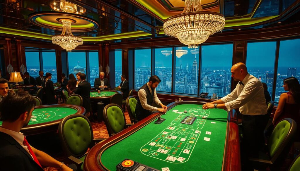 A luxurious casino interior with lush green felt-covered tables, where elegant patrons in evening attire gather around a baccarat table. Soft lighting casts a warm glow, highlighting the glossy wood accents and sparkling chandeliers. The dealer, in a crisp white shirt, expertly shuffles and deals the cards, creating an atmosphere of anticipation and excitement. In the background, a panoramic view of a bustling city skyline is visible through large windows, suggesting the allure of high-stakes gambling and the thrill of the game.
