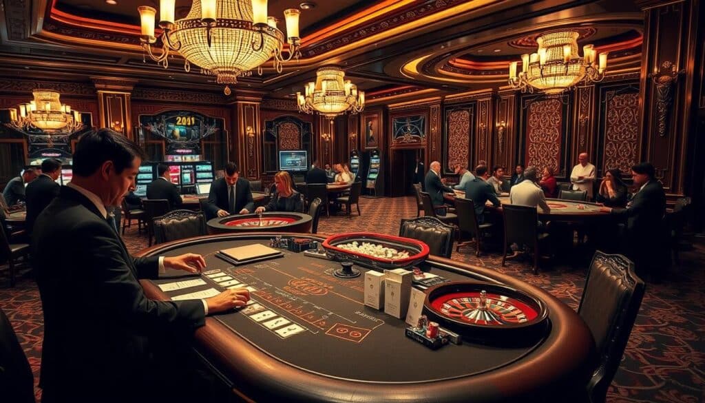 A luxurious casino interior with opulent decor, plush carpets, and gilded chandeliers illuminating the scene. In the foreground, a blackjack table with a dealer expertly handling cards, surrounded by well-dressed patrons intently studying their hands. In the middle ground, a roulette wheel spins, its metallic gleam catching the low, dramatic lighting. In the background, a high-stakes poker game unfolds, with players scrutinizing their cards and chips stacked high. The atmosphere is tense, electric, and imbued with a sense of anticipation as the latest gambling trends and techniques unfold.