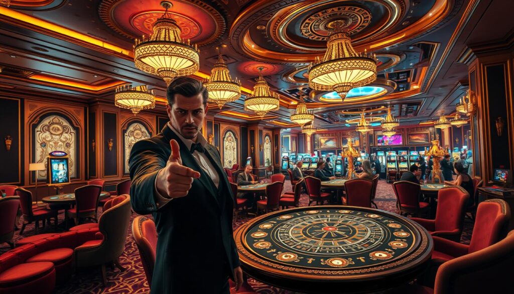 A luxurious casino interior with ornate decor and warm lighting, showcasing the importance of reputation evaluation. Plush velvet armchairs and gilded chandeliers set an atmosphere of opulence. In the foreground, a character in a well-tailored suit gestures towards an intricately designed casino table, drawing attention to the need for discerning players to carefully assess the trustworthiness of online gaming platforms. The middle ground features elegant customers engaged in high-stakes games, while the background depicts a sweeping panoramic view of the casino floor, emphasizing the scale and grandeur of the establishment. The overall scene conveys a sense of sophisticated elegance and the gravity of selecting a reliable online entertainment destination.