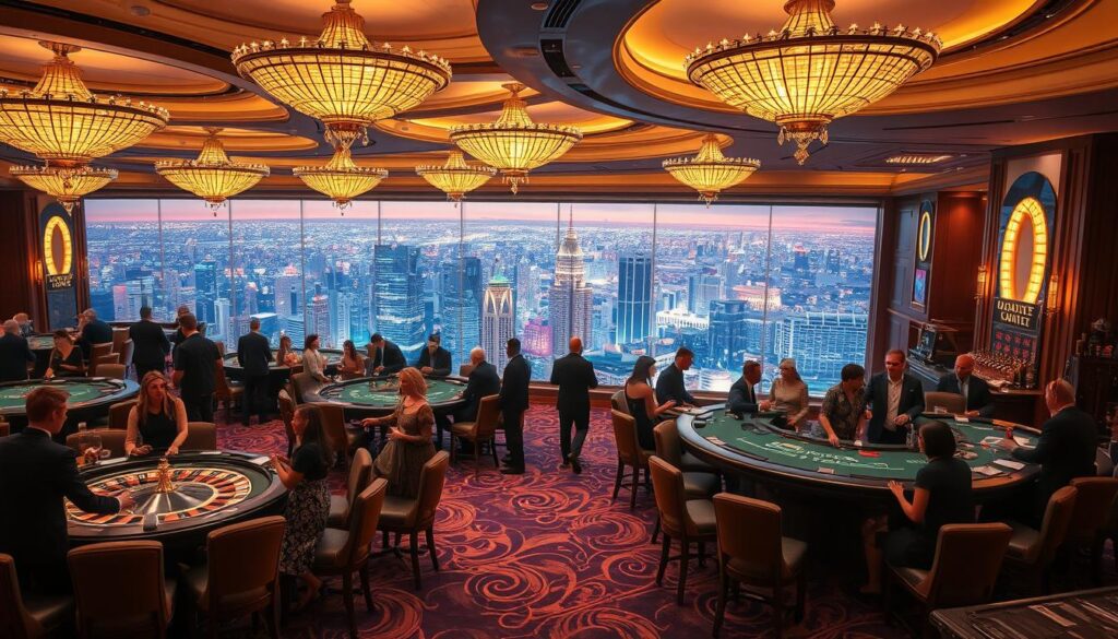 A luxurious casino interior with plush carpets, gilded chandeliers, and a lively atmosphere. Smartly-dressed patrons gathered around tables of roulette, blackjack, and poker. Elegant cocktail waitresses serve premium spirits, creating a sense of excitement and indulgence. In the background, a sprawling panoramic view of a vibrant city skyline, hinting at the thrilling possibilities of online entertainment. Soft, warm lighting bathes the scene, conveying a sense of sophistication and allure. The composition highlights the alluring ambiance and convenience of the online casino experience, enticing the viewer to explore the advantages it offers.
