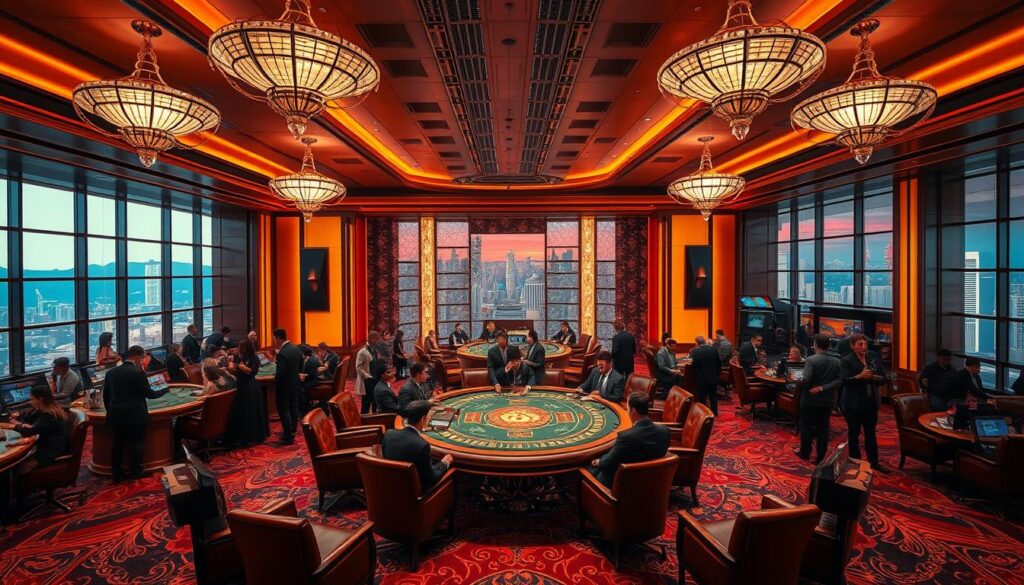 A luxurious casino interior with warm lighting and a sleek, modern design. The focal point is a large, ornate gaming table in the center, surrounded by plush leather chairs and a lively crowd of well-dressed patrons. In the background, elegant chandeliers and floor-to-ceiling windows offer a glimpse of a bustling city skyline. The overall atmosphere is one of excitement, opulence, and the promise of thrilling gaming experiences. The image should convey a sense of exclusive, premium entertainment that caters to the sophisticated tastes of Taiwan's discerning online casino players.
