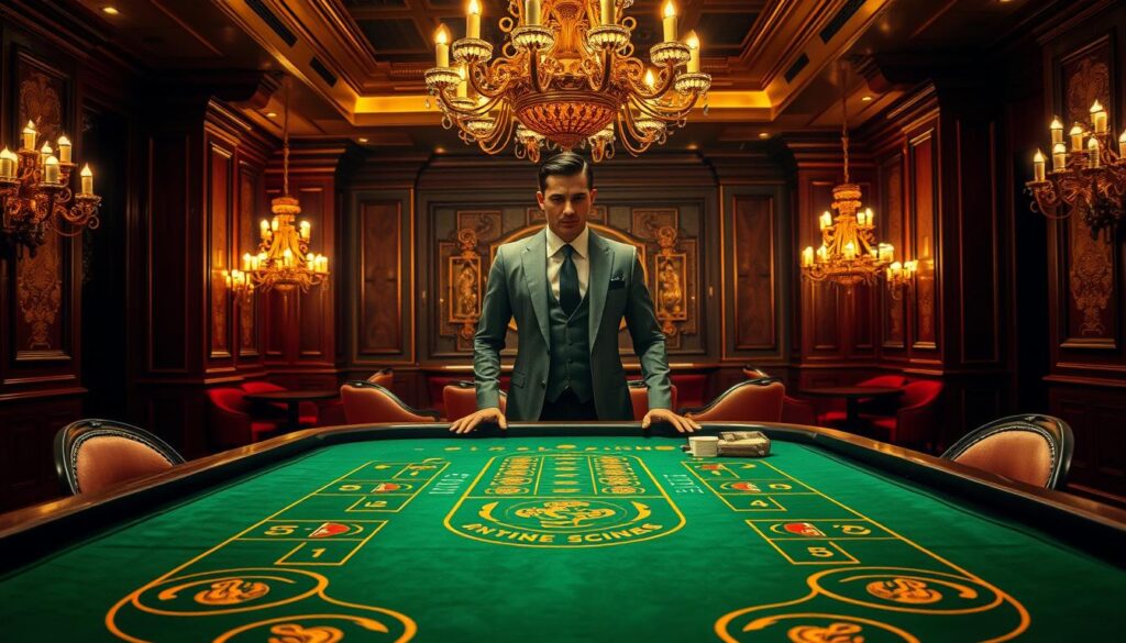 A luxurious casino table, draped in plush green felt, takes center stage. Behind it, a sharply-dressed croupier stands poised, their face illuminated by warm, inviting lighting. The table is adorned with gleaming gold accents, evoking an atmosphere of opulence and sophistication. In the background, the rich, mahogany-paneled walls and elegant chandeliers create a sense of grandeur, transporting the viewer to the heart of a high-end gaming establishment. The croupier's confident, yet welcoming demeanor invites the player to join in the thrilling experience of the live dealer casino game.
