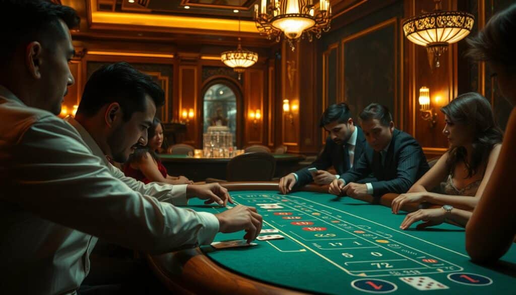 A luxurious casino table in an elegant, dimly lit interior. Soft, warm lighting casts a golden glow, highlighting the intricate wood detailing and plush green felt of the baccarat table. Cards are being dealt with a practiced hand, while players lean in, their faces alight with anticipation. The air is thick with the thrill of the game, the quiet murmur of conversation, and the promise of potential winnings. The scene evokes a sense of refined sophistication and the allure of chance, drawing the viewer into the captivating world of online baccarat.