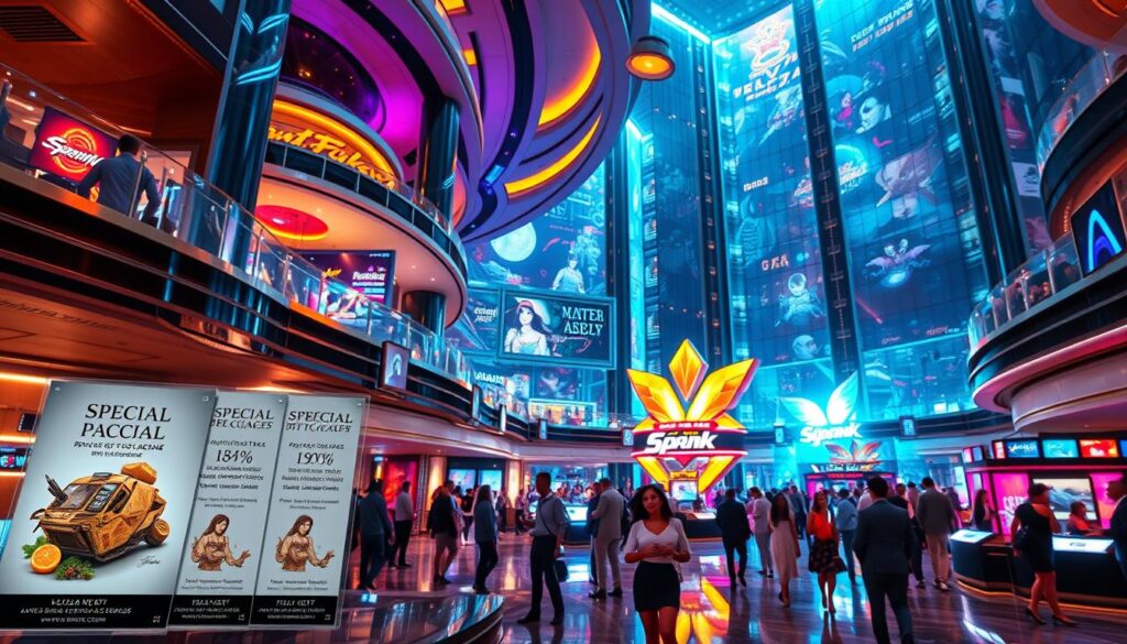 A luxurious entertainment complex with a stunning, futuristic architecture. In the foreground, a captivating display of special promotional packages, each with unique benefits highlighted by elegant illustrations and vibrant colors. The middle ground features well-dressed patrons eagerly exploring the various entertainment options, immersed in the lively atmosphere. The background showcases the grand scale of the complex, with towering glass facades, dynamic lighting, and a sense of endless possibilities. The overall scene radiates a palpable air of exclusivity, sophistication, and the promise of an unforgettable entertainment experience.