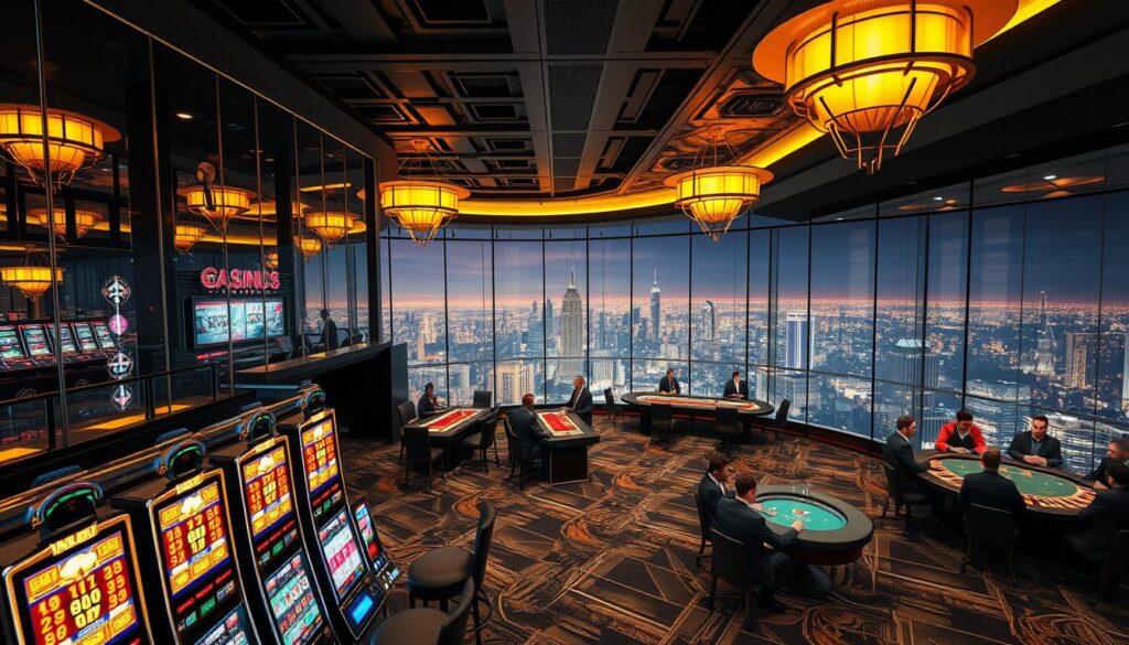 A luxurious, modern online casino interior with a vibrant atmosphere. High ceilings, sleek glass walls, and elegant lighting fixtures create a sophisticated ambiance. In the foreground, a row of slot machines with captivating LED displays beckons players. In the middle ground, roulette and blackjack tables are surrounded by smartly dressed patrons deeply engaged in the games. The background features a sweeping panoramic view of a bustling city skyline, suggesting the thrill and excitement of the urban nightlife. The overall scene conveys a sense of opulence, technological innovation, and the pinnacle of online gaming experiences.