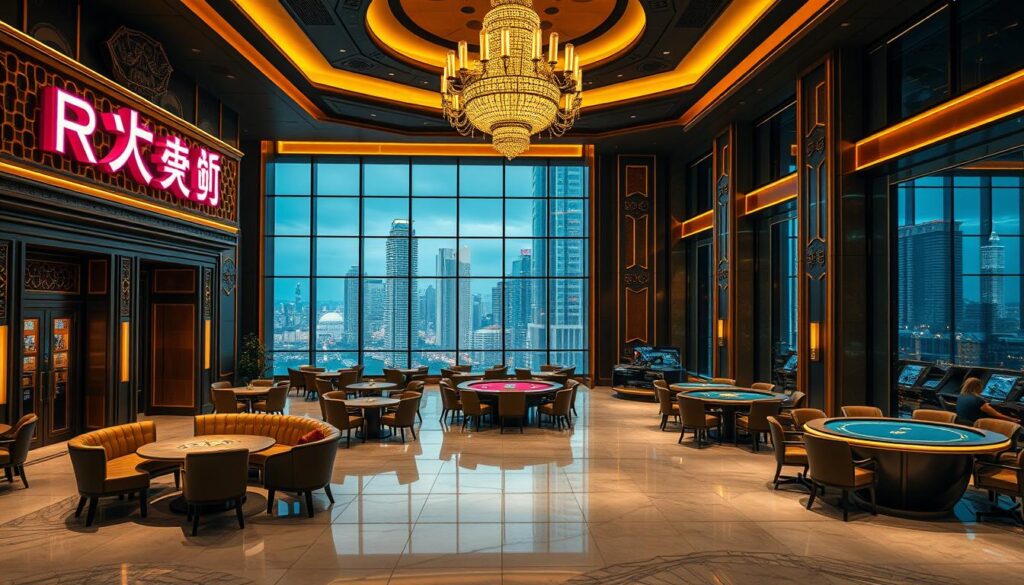 A luxurious, modern online casino with a sleek, sophisticated ambiance. The exterior features a striking facade with intricate architectural details and neon-lit signage reading "RK娛樂城". The interior is bathed in warm, golden lighting, creating an inviting and glamorous atmosphere. Plush leather furniture, polished mahogany accents, and high-end gaming tables populate the spacious main floor. Elegant chandeliers hang overhead, casting a soft glow across the immaculate marble tiles. In the background, the cityscape of a bustling metropolis can be seen through large, panoramic windows, adding to the sense of grandeur and excitement. The overall impression is one of opulence, elegance, and the promise of thrilling gaming experiences.