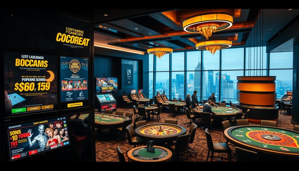 A luxurious online casino lobby, dimly lit with warm ambient lighting. In the foreground, a display showcases enticing promotional offers and bonuses, with vibrant graphics and eye-catching designs. The middle ground features a variety of gaming tables, where players engage in thrilling rounds of blackjack, roulette, and poker, immersed in the excitement of high-stakes gameplay. In the background, a sleek, modern interior with plush furnishings and floor-to-ceiling windows, offering a glimpse of a bustling city skyline beyond. The overall atmosphere exudes an air of sophistication, indulgence, and the promise of life-changing jackpots.