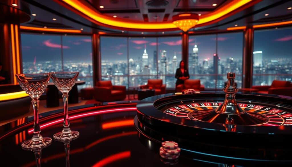 A luxurious online casino platform with a sleek, modern design. In the foreground, a neon-lit roulette table with precision-cut crystal glasses and high-roller chips. In the middle ground, a VIP lounge with plush leather armchairs and discreet service staff. The background features a panoramic view of a glittering city skyline, bathed in warm, ambient lighting that creates an air of exclusivity and indulgence. The overall atmosphere evokes a sense of elegance, sophistication, and the thrill of high-stakes gaming.