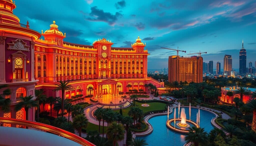 A luxurious online casino resort package in vibrant hues, featuring a striking, meticulously designed facade with intricate architectural details. The scene is bathed in warm, golden lighting that casts an inviting glow, drawing the viewer into the opulent, immersive world of this premier entertainment destination. In the foreground, the package's sleek, modern design elements are showcased, hinting at the cutting-edge technology and premium amenities that await inside. The middle ground reveals lush, verdant landscaping and elegant water features, creating a serene, picturesque setting. The background showcases the skyline of a bustling city, suggesting the prime location and accessibility of this sought-after online casino resort.