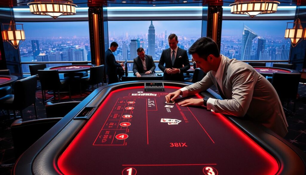 A luxurious online casino showcasing a highly customized gaming experience. In the foreground, a high-roller playing at a sleek, modern blackjack table, surrounded by plush leather chairs and elegant lighting fixtures. In the middle ground, a team of attentive casino hosts assisting guests with personalized requests. The background features a panoramic view of the city skyline, creating a sense of prestige and exclusivity. The overall atmosphere is one of sophistication, attention to detail, and a relentless pursuit of customer satisfaction - a testament to the power of effective customization in the online gaming industry.