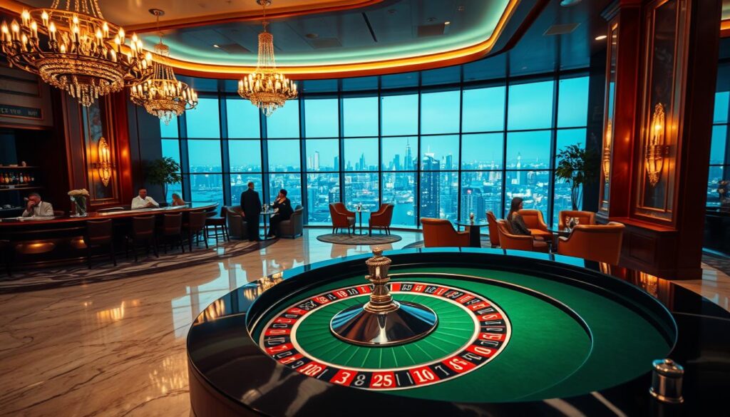 A luxurious online casino with a warm, inviting atmosphere. In the foreground, a roulette table sits atop a polished marble floor, its subtle green felt illuminated by elegant chandeliers overhead. The middle ground features a high-ceilinged lobby with plush leather armchairs and a polished mahogany bar, where well-dressed patrons sip cocktails. In the background, floor-to-ceiling windows offer a panoramic view of a bustling metropolitan skyline, the city lights twinkling in the distance. The lighting is soft and ambient, creating a sense of refined sophistication. This image conveys an ideal online casino experience - one that is both visually appealing and conducive to an enjoyable, high-quality gaming session.