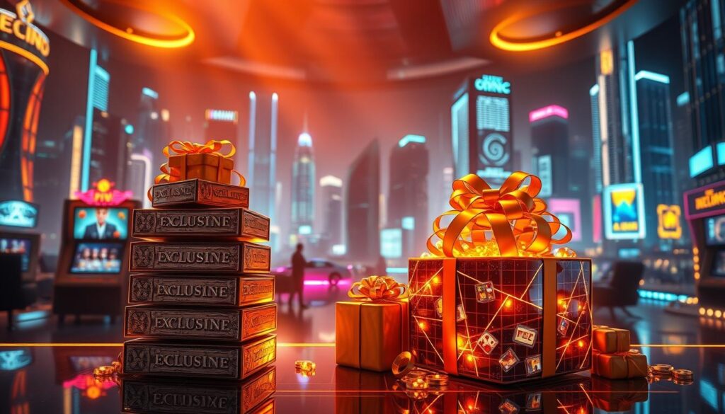 A luxurious online gaming paradise, bathed in a warm, golden glow. In the foreground, a stack of exclusive virtual gifts, each one a tantalizing treasure trove of rewards and surprises. The middle ground features a sleek, modern gaming interface, where icons and symbols dance across the screen, beckoning players to indulge in the endless possibilities. In the background, a cityscape of towering skyscrapers and neon-lit streets, a testament to the thriving digital entertainment landscape. Soft, diffused lighting creates an inviting, high-end atmosphere, evoking a sense of prestige and exclusivity. The overall composition conveys the grand significance of these exclusive gaming perks, elevating the online entertainment experience to new heights.