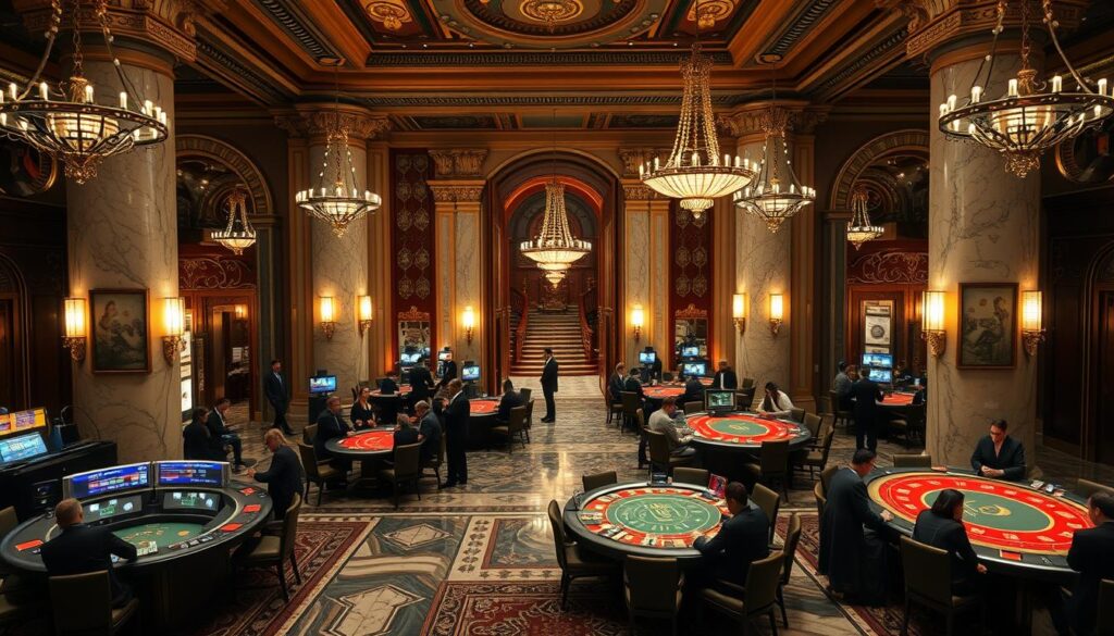 A luxurious, well-secured online casino with a serene, elegant atmosphere. The lobby features a grand entranceway with ornate marble columns and chandeliers casting a warm, inviting glow. Smartly dressed patrons mingle around plush gaming tables, immersed in the thrill of high-stakes games. The camera angles showcase the casino's attention to detail, from the polished mahogany accents to the state-of-the-art security systems discreetly integrated throughout. A sense of excitement and exclusivity permeates the scene, conveying the casino's reputation for safety, reliability, and an exceptional gaming experience.