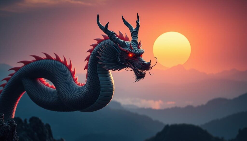 A majestic Chinese dragon, its serpentine body coiling and twisting, scales glistening in the warm glow of an evening sun. The dragon's head, crowned with horns, emerges from the center of the frame, its piercing gaze commanding attention. In the background, a scenic mountain landscape unfolds, hazy blues and purples fading into the distance. The composition is balanced, with the dragon's form filling the foreground, its powerful presence conveying a sense of strategic mastery and control. Soft, diffused lighting illuminates the scene, creating a sense of drama and mystique. The overall mood is one of ancient wisdom, tactical brilliance, and the timeless allure of Eastern philosophy.