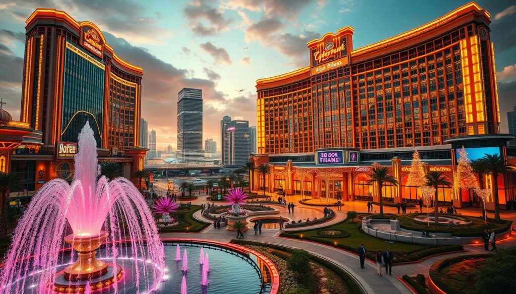 A majestic casino complex stands tall, its glittering glass facades and neon lights illuminating the night sky. In the foreground, a elegant fountain dances with colorful cascades, inviting guests to step into this world of opulence and excitement. The middle ground showcases lush gardens and sprawling plazas, where well-dressed patrons stroll and mingle. In the background, towering skyscrapers and a bustling city skyline set the scene, reflecting the casino's integration into the urban landscape. Warm, golden lighting bathes the entire composition, creating a sense of sophistication and success. This image captures the allure and grandeur of a thriving entertainment destination, a testament to the vision and achievement of its creators.