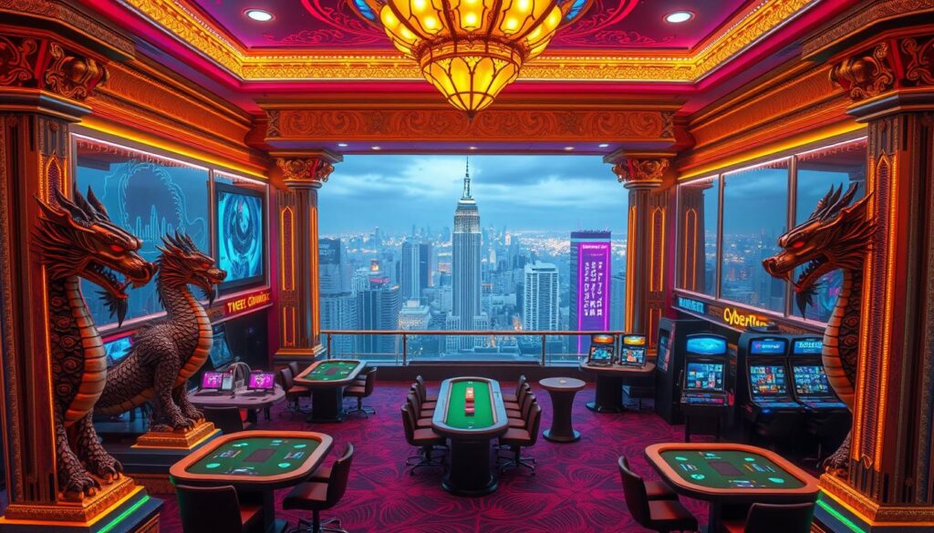 A majestic online entertainment casino, adorned with a vibrant neon-lit facade and glittering gold trimmings. The entrance is flanked by ornate dragon statues, their eyes gleaming with a captivating allure. The lobby is bathed in a warm, atmospheric lighting, inviting players to step into a world of exclusive thrills and fortuitous opportunities. Sleek gaming tables are scattered throughout, each one beckoning with the promise of lucrative rewards. In the background, a panoramic view of a bustling cityscape sets the stage, hinting at the boundless excitement that awaits within this gaming kingdom.