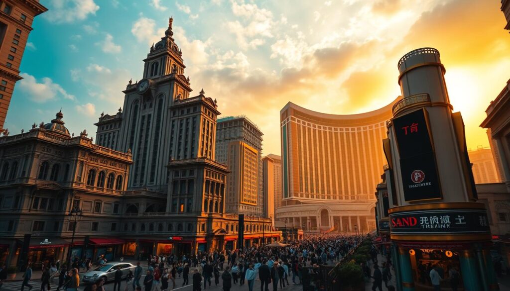 A majestic view of the historic Macau casinos, standing tall against a vibrant sky. The foreground features the iconic architecture of the Grand Lisboa and the Sands Cotai Central, their distinct shapes and patterns casting dramatic shadows. In the middle ground, bustling crowds navigate the narrow streets, capturing the energy and excitement of Macau's thriving gaming industry. The background is filled with a hazy, golden light, evoking the rich history and legacy of gambling in this unique Chinese territory. The scene is captured through a wide-angle lens, emphasizing the grand scale and imposing presence of these legendary gambling establishments.