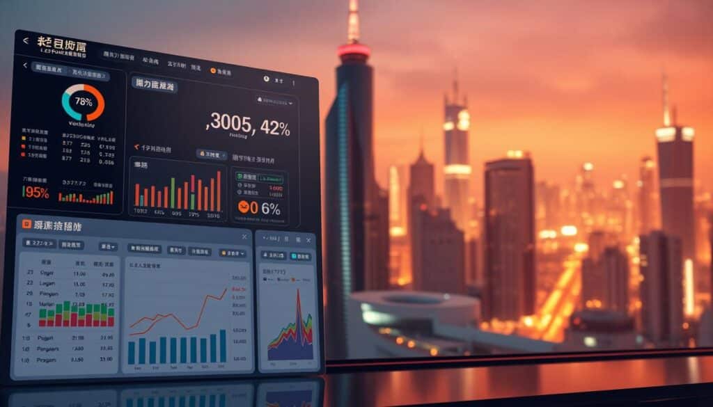 A meticulously crafted data visualization depicting "關鍵字排名分析" in a sleek, modern style. The foreground showcases a comprehensive dashboard displaying key performance indicators, ranking data, and search volume insights, all presented in a clean, intuitive interface. The middle ground features a towering bar chart highlighting the relative positioning of different keyword categories, while the background is a subtly blurred cityscape, symbolizing the competitive landscape of the digital realm. Warm, indirect lighting casts a sophisticated ambiance, and the overall composition conveys a sense of analytical depth and strategic decision-making.