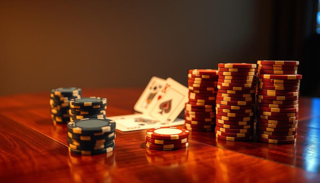A meticulously crafted poker chip arrangement, illuminated by warm, diffused lighting, sits atop a polished wooden table. In the foreground, stacks of neatly organized chips in various denominations convey a sense of strategic planning and disciplined bankroll management. The middle ground features a pair of playing cards, partially obscured, hinting at the calculated decisions inherent in successful poker gameplay. The background captures a softly blurred, minimalist setting, allowing the focal point of the image to command attention and communicate the importance of responsible resource allocation in the pursuit of poker mastery.