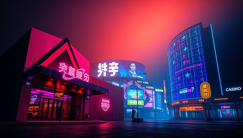 A meticulously crafted visual representation of "娛樂城SEO最佳實踐". Set against a subtly textured background, a sleek and modern casino facade commands the foreground, its sharp angles and gleaming surfaces conveying a sense of sophistication and technological prowess. In the middle ground, colorful neon signs and digital displays flicker and pulse, showcasing the casino's dynamic online presence. Overhead, a dramatic lighting scheme bathes the scene in a warm, inviting glow, creating an atmosphere of excitement and anticipation. The entire composition is imbued with a sense of energy and dynamism, perfectly capturing the essence of optimized online visibility and strategic SEO practices for the entertainment industry.