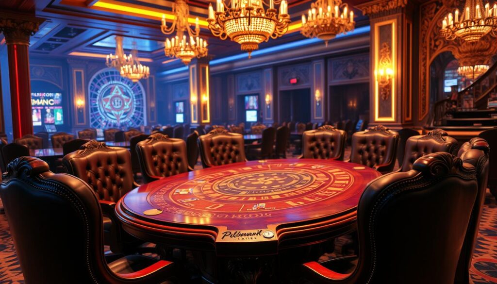 A meticulously designed casino game table, bathed in a warm, soft lighting that creates an inviting and immersive atmosphere. The table surface is a rich, polished wood, with ornate carvings and gilded accents that exude an air of sophistication. Surrounding the table, plush leather chairs invite players to settle in and strategize their next move. In the background, a backdrop of elegant chandeliers and ornate architectural details sets the stage for an evening of engaging gameplay and potential winnings. The overall scene conveys a sense of glamour, excitement, and the promise of thrilling casino experiences tailored for the discerning Taiwanese player.