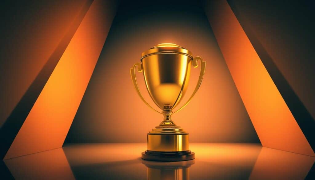A meticulously designed, high-end award trophy set against a sleek, modern backdrop. The trophy's gleaming gold surface reflects the soft, warm lighting, casting a radiant glow. The trophy is prominently featured, occupying the central focus of the frame, surrounded by a minimalist, monochromatic environment that emphasizes its elegance and importance. The lighting is carefully angled to create dramatic shadows and highlights, adding depth and dimension to the composition. The overall mood is one of sophistication, prestige, and celebration, befitting the significance of the "Best Casino Bonus" award.