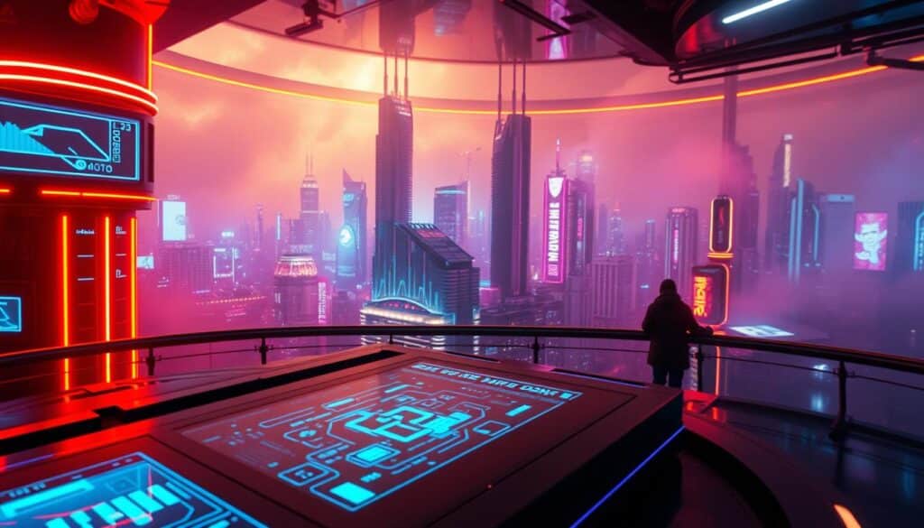 A meticulously designed interactive virtual environment, bathed in a warm glow of neon lights and holographic displays. In the foreground, a sleek, futuristic interface invites the user to immerse themselves in a captivating digital realm, seamlessly blending physical and digital elements. The middle ground features a panoramic vista of a bustling, cyberpunk-inspired cityscape, with towering skyscrapers and neon-tinged signage. The background is shrouded in a hazy, atmospheric mist, creating a sense of depth and mystery. Cinematic camera angles and a focus on depth of field draw the viewer into this captivating, immersive experience, capturing the essence of a cutting-edge, technologically-driven entertainment landscape.