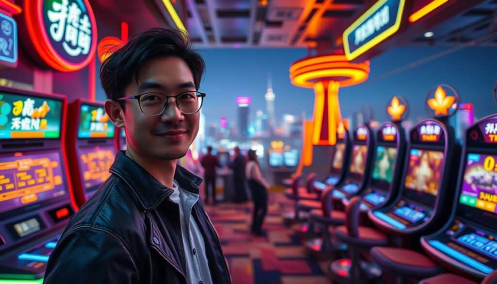 A meticulously detailed analysis of a successful gaming experience, showcasing a triumphant Taiwanese player's journey. In the foreground, a confident individual stands amidst a vibrant, neon-lit casino setting, their expression radiating a sense of accomplishment. The middle ground features an array of sleek, high-tech gaming terminals, hinting at the technological sophistication of the gaming environment. In the background, a panoramic view of the bustling city skyline sets the scene, suggesting the broader context of the gaming industry's impact. The lighting is a harmonious blend of warm, inviting tones and vibrant, futuristic hues, creating an atmosphere of excitement and success. The camera angle is positioned to capture the subject's perspective, drawing the viewer into the immersive experience.
