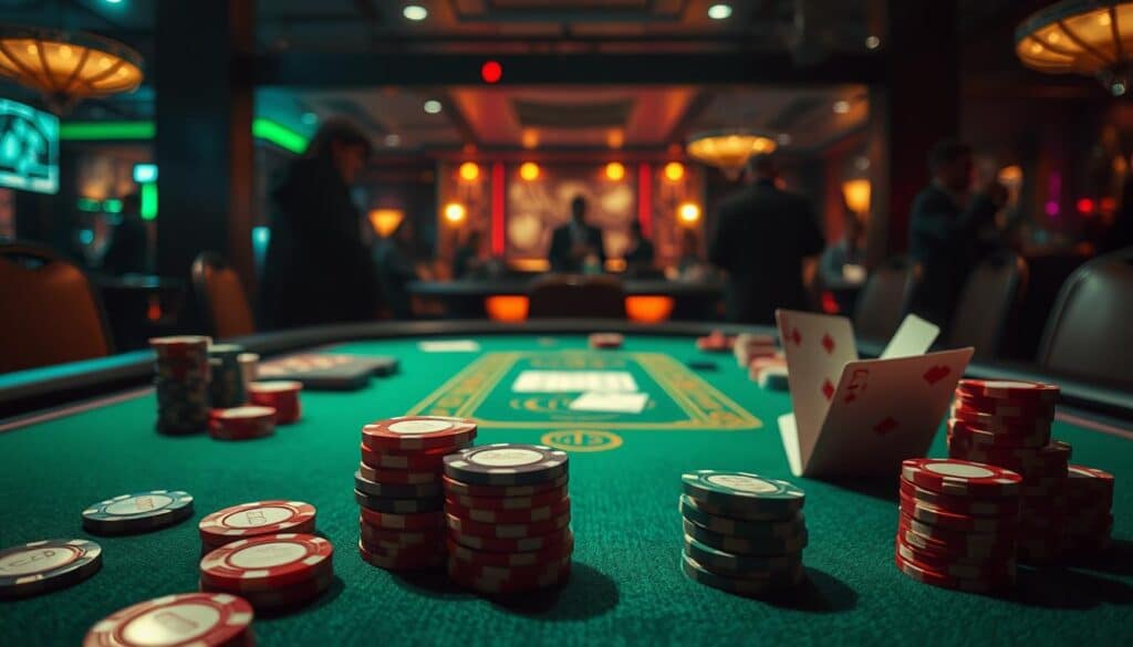 A meticulously detailed comparison of common baccarat betting strategies, showcased on a green felt table against a dimly lit, atmospheric casino interior. Crisp lighting emphasizes the precision of chips, cards, and betting placements, while the overall composition conveys a sense of strategic contemplation. The foreground features an array of betting chips in various denominations, artfully arranged to illustrate different betting approaches. The middle ground depicts a partially dealt baccarat hand, inviting the viewer to mentally explore the game's nuances. In the background, the shadowy silhouettes of casino patrons lend a sense of anticipation, as if observing the strategic deliberations. The tone is one of focused, analytical study, guiding the viewer through the complexities of baccarat gameplay.