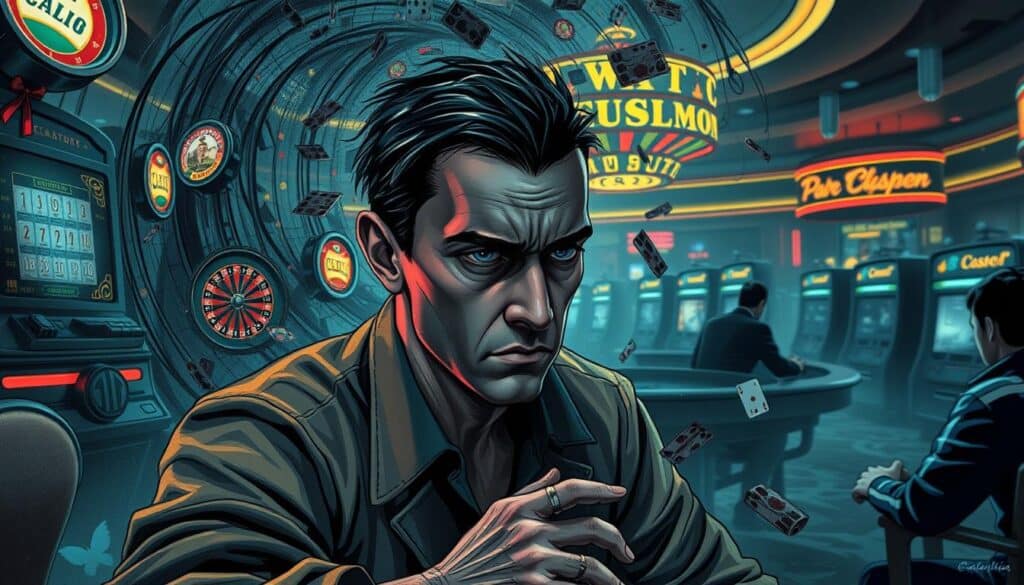 A meticulously detailed illustration of a player's psychological state and behavioral patterns within a casino environment. The foreground depicts a contemplative figure, their face etched with a mixture of concentration and uncertainty, surrounded by a swirling vortex of slot machines, roulette wheels, and playing cards. The middle ground reveals the player's physical mannerisms - tense shoulders, fidgeting hands, and a restless gaze, all conveying the emotional intensity of the gaming experience. The background is shrouded in a dramatic chiaroscuro, evoking the alluring yet intense atmosphere of the casino, with subtle hints of neon signage and the faint outlines of other players, creating a sense of immersion and voyeurism. Meticulously rendered, this image aims to visually capture the complex interplay between a player's psychology and their observable behaviors within the captivating world of casino gaming.