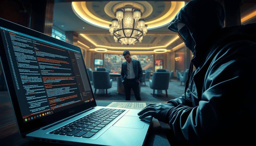 A meticulously detailed illustration showcasing a sophisticated online fraud case. In the foreground, a hacker's laptop displays an intricate scheme, with lines of code and deceptive interfaces. In the middle ground, a distressed victim stands, caught in the web of deceit. The background depicts a sleek, modern casino setting, evoking the allure and false promises that lure unsuspecting players. Dramatic lighting casts ominous shadows, heightening the sense of unease and caution. Shot with a wide-angle lens to capture the full scope of the scene, this image aims to educate and warn viewers about the risks of online gaming fraud.