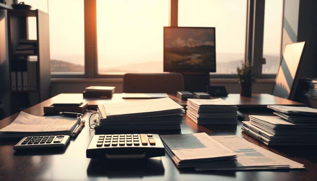 A meticulously organized office desk, bathed in warm natural light filtering through large windows. On the desk, a ledger, a calculator, and neatly stacked financial documents convey the importance of prudent money management. In the background, a serene landscape painting suggests a sense of balance and tranquility, crucial for sound financial decision-making. The overall atmosphere radiates professionalism, attention to detail, and a strategic approach to personal or business finance.