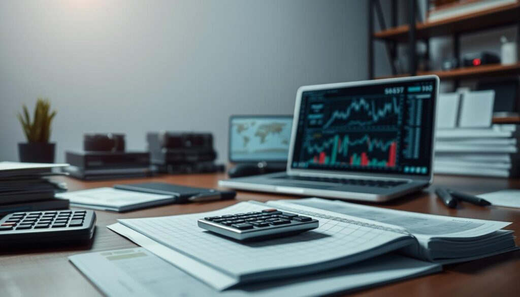 A meticulously organized office space, the foreground showcasing a well-stocked ledger and calculator, symbolizing the careful management of financial resources. In the middle ground, a sleek, modern laptop displays charts and graphs, providing real-time insights into investment portfolios. The background features a serene, minimalist setting, with subtle lighting emphasizing the importance of financial discipline and control. The overall atmosphere conveys a sense of professionalism, attention to detail, and a strategic approach to managing one's financial well-being.