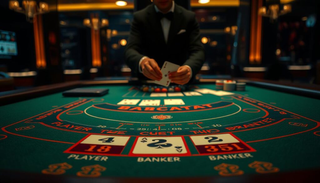 A meticulously rendered image of the baccarat gameplay and scoring mechanism. In the foreground, a green baize table with the baccarat layout - the player, banker, and tie bet areas vividly depicted. The middle ground showcases a dealer's hands dealing the cards, their movements captured with cinematic clarity. In the background, a dimly lit casino interior with subtle lighting, creating an atmospheric ambiance. The overall scene conveys the strategic essence of baccarat, with a focus on the numerical point values and the core objective of achieving a hand closest to 9 points. Rendered in a photorealistic style with attention to material textures and depth of field.
