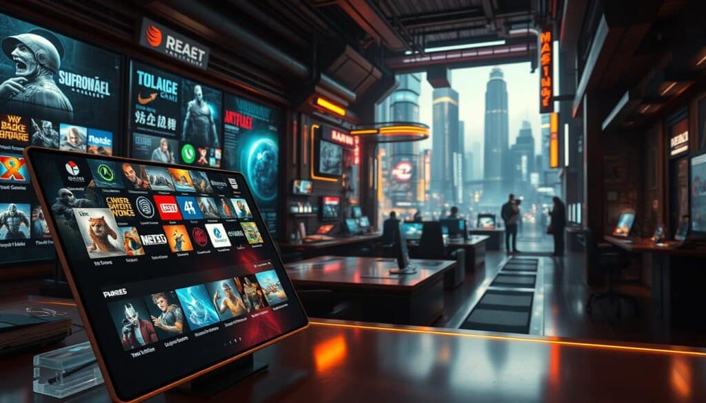 A meticulously rendered scene of a vibrant online gaming hub, showcasing a diverse array of popular game applications. The foreground features a sleek, high-resolution display showcasing various game icons and logos, inviting the viewer to explore the thrilling world of digital entertainment. The middle ground depicts a futuristic, tech-infused environment with holographic interfaces and dynamic lighting, creating a captivating atmosphere. The background subtly hints at a bustling cityscape, hinting at the global reach and popularity of these captivating game experiences. Crisp, hyper-realistic detailing, warm lighting, and a subtle color palette combine to convey the excitement and allure of the most sought-after gaming applications.
