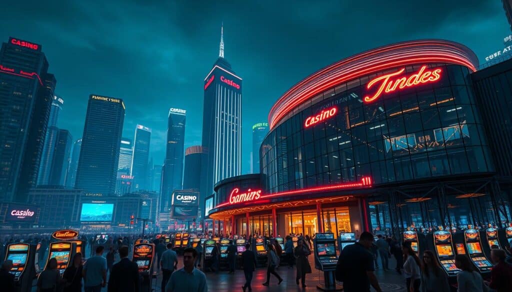 A metropolis at night, neon lights flickering across towering skyscrapers. In the foreground, a sleek, modern casino complex rises, its glass facade reflecting the vibrant cityscape. Guests stream in and out, their faces illuminated by the alluring glow of slot machines and gaming tables. The scene exudes an atmosphere of excitement, temptation, and the thrill of high-stakes gambling. A wide-angle lens captures the scale and rapid growth of this emerging entertainment hub, hinting at the potential risks and social impacts that may lurk beneath the surface.
