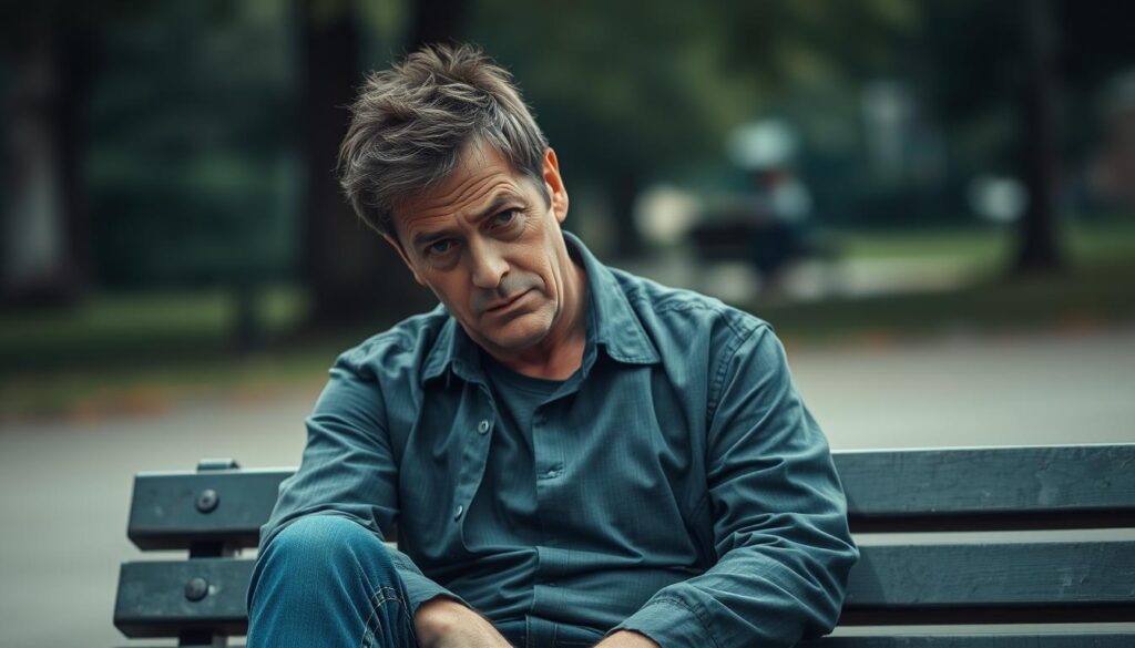 A middle-aged person, dressed in casual clothing, sits on a park bench with a dejected and worried expression on their face. The background is blurred, but there is a sense of isolation and loneliness. The lighting is soft and diffused, creating a somber and reflective atmosphere. The subject's posture and body language convey the emotional turmoil and distress experienced by a victim of fraud, as they struggle to come to terms with the aftermath of the crime. The scene evokes a sense of vulnerability and the need for support and guidance in the face of such a challenging situation.