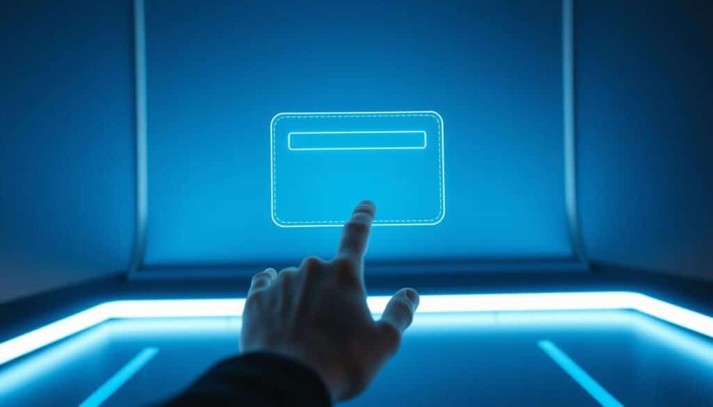 A minimalist digital wallet interface hovers weightlessly against a sleek, futuristic backdrop. The wallet's clean, intuitive design is highlighted by soft, indirect lighting that casts a serene glow. In the foreground, a hand gestures naturally, interacting with the wallet's touchscreen controls. The overall scene conveys a sense of security, simplicity and seamless user experience in the digital financial realm.