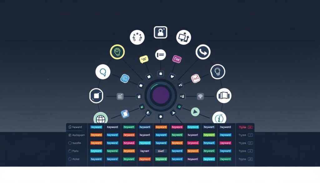 A minimalist, flat-style illustration showcasing different types of keywords. In the foreground, a central hub with various keyword icons radiating outwards, representing the diversity of keyword classifications. The middle ground features a grid-like arrangement of keyword tags in various colors and shapes, highlighting their distinct categories. The background has a subtle gradient, creating depth and a sense of digital space. The overall mood is clean, informative, and visually cohesive, conveying the organizational structure and range of keyword types.