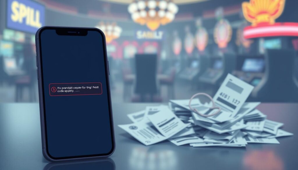 A minimalist illustration depicting common mistakes made when using promotional codes in online gambling platforms. In the foreground, a smartphone screen displays an error message, conveying the idea of an incorrect code application. The middle ground features a jumble of promotional codes and financial documents, symbolizing the complexities involved. In the background, a blurred casino environment suggests the broader context of online entertainment. The lighting is soft and diffused, creating a subdued and contemplative atmosphere. The overall composition emphasizes the need for caution and attention to detail when leveraging promotional offers.