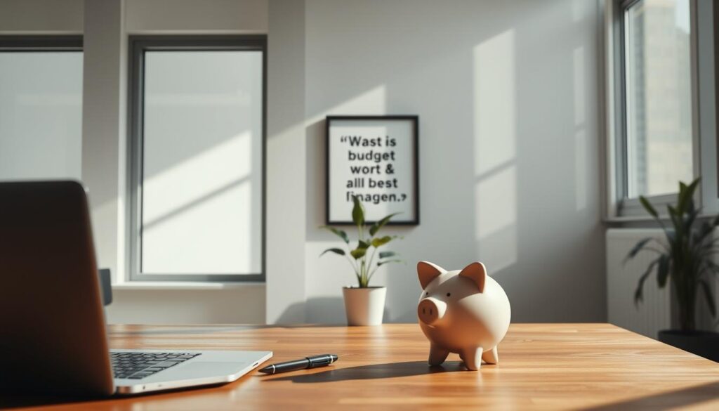 A minimalist office setting with a clean, modern aesthetic. In the foreground, a wooden desk with a laptop, a pen, and a piggy bank symbolizing financial management. The middle ground features a potted plant and a framed motivational quote about the importance of budgeting and saving. The background showcases floor-to-ceiling windows, allowing natural light to flood the space, creating a serene and contemplative atmosphere. The overall scene conveys a sense of organization, efficiency, and the importance of prudent financial practices. Soft, directional lighting casts subtle shadows, adding depth and dimension to the composition.