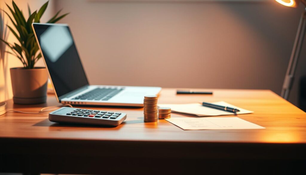 A minimalist office workspace with a wooden desk, a laptop, a stack of coins, a calculator, and a pen. The desk is neatly organized, with a potted plant adding a touch of greenery. Warm, directional lighting creates a cozy, focused atmosphere, highlighting the financial management tools and creating a sense of productivity and diligence. The background is blurred, drawing the viewer's attention to the financial planning elements on the desk.
